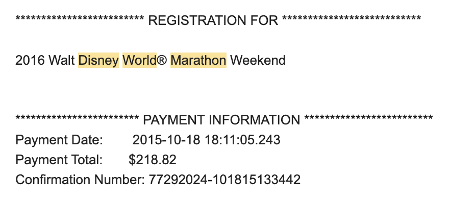 Walt Disney World Marathon 2016 receipt